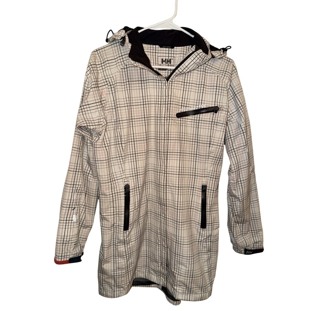Helly Hansen Womens Cream Plaid Hooded Windbreaker Mesh Lined Jacket Small S/P